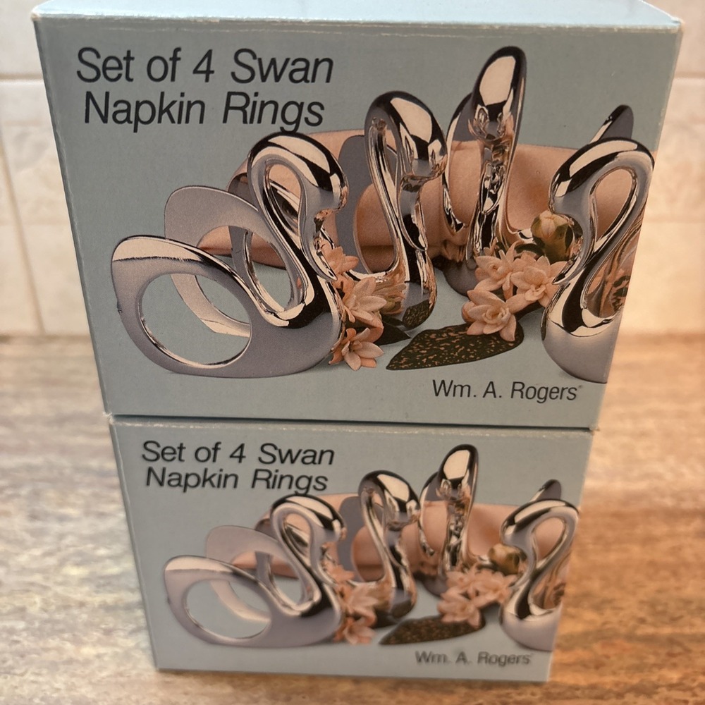 Wm A Rogers Silverplate Swan Napkin Rings MCM Set of 8 Holders 2 Boxes of 4 NIB